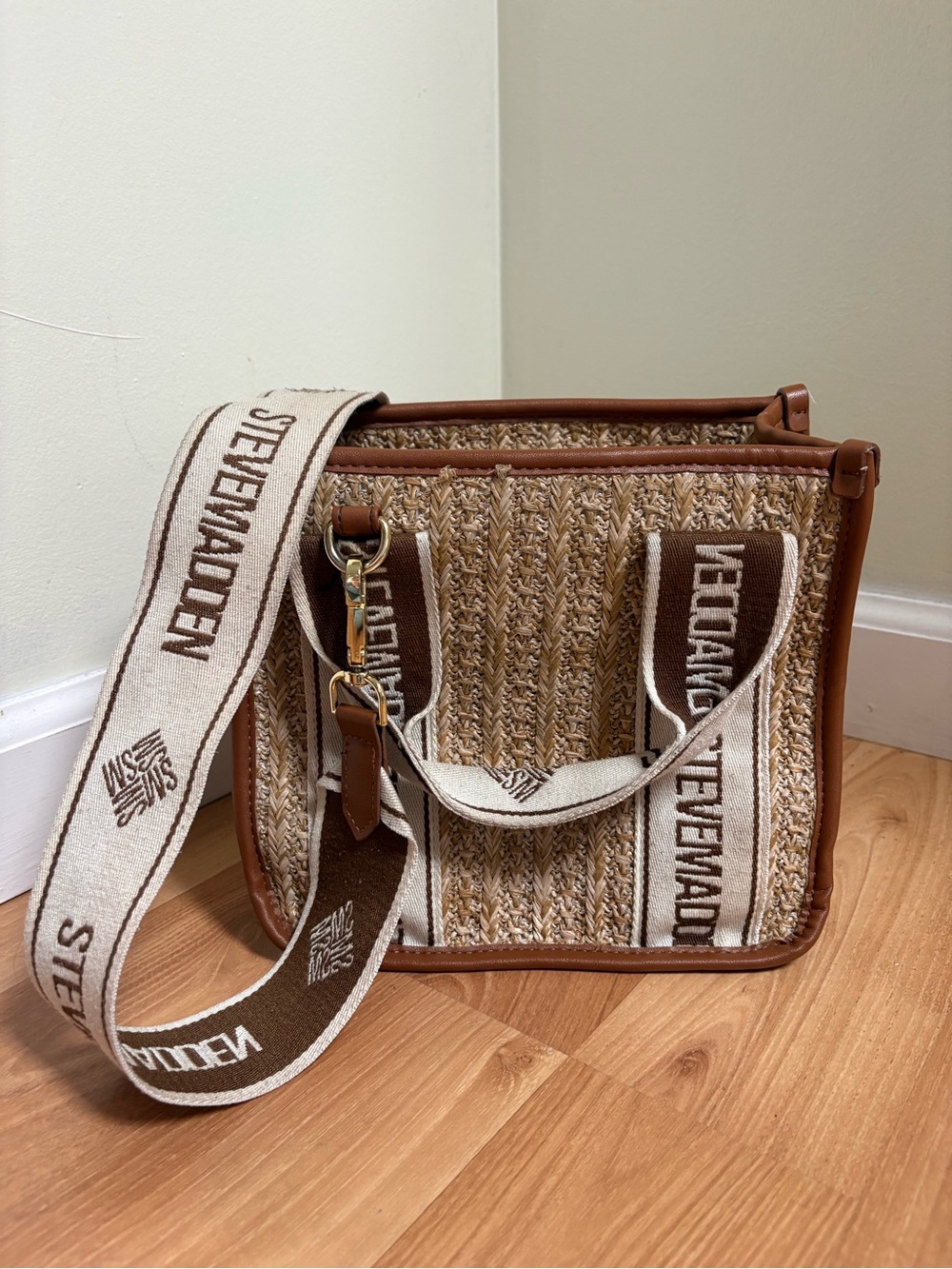Steve Madden Tan & Cream Woven Messenger Bag with Branded Strap
